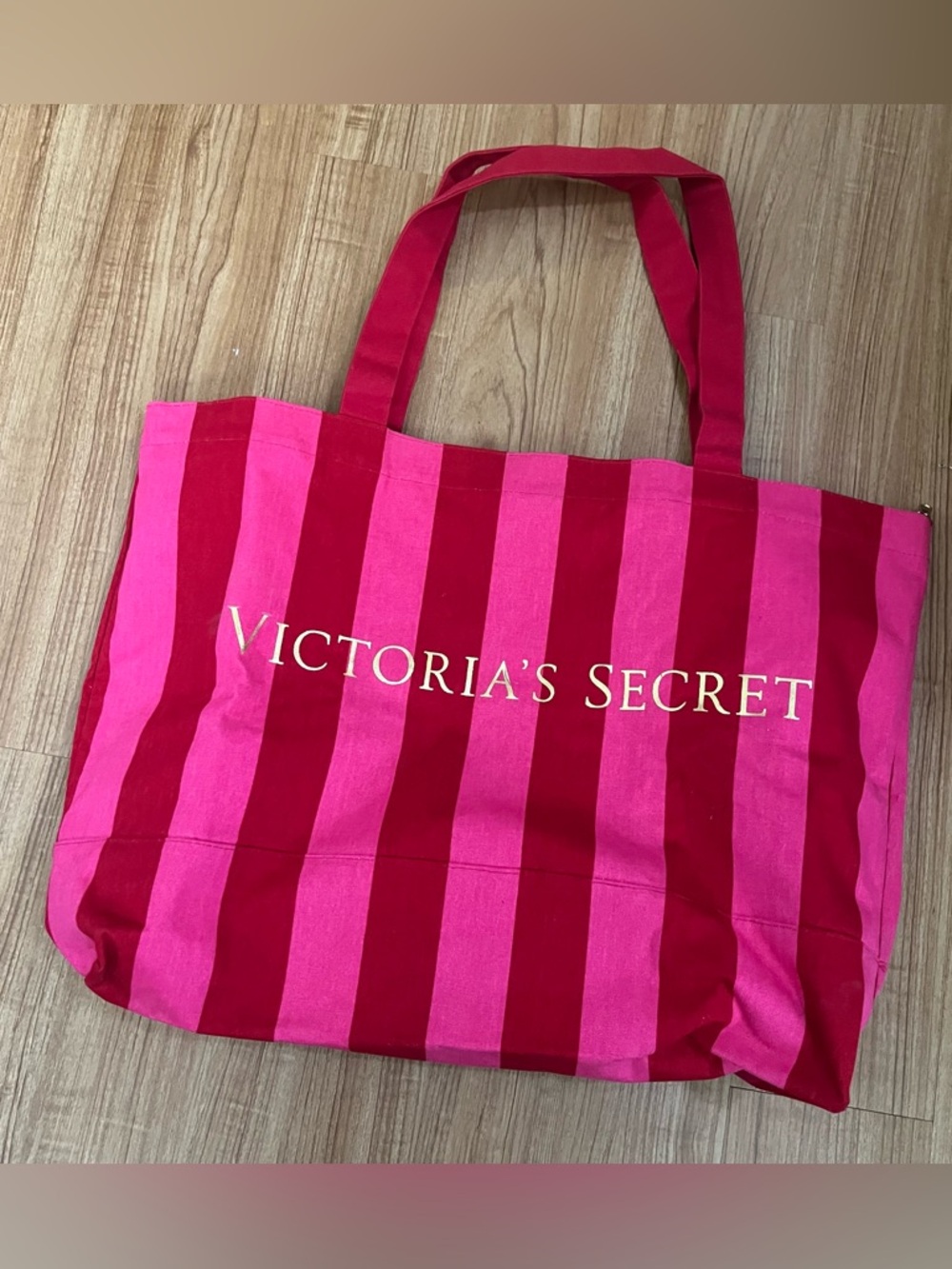Victoria's Secret Hot Pink and Red Striped Canvas Tote